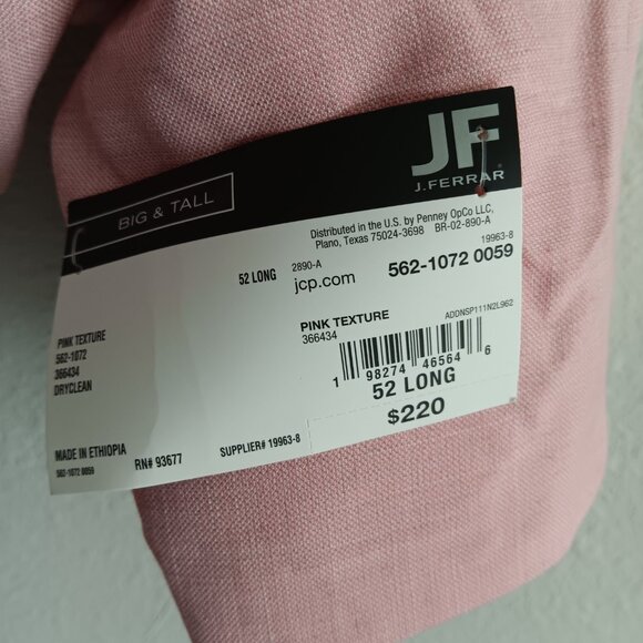 J. Ferrar Mens Classic Fit Big and Tall Suit Jacket, Pink Sz 52 Long - Picture 4 of 6